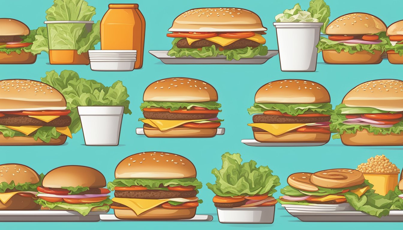 A colorful array of fresh salads, grilled chicken sandwiches, and lettuce-wrapped burgers sit on a clean, minimalist table at a Whataburger restaurant