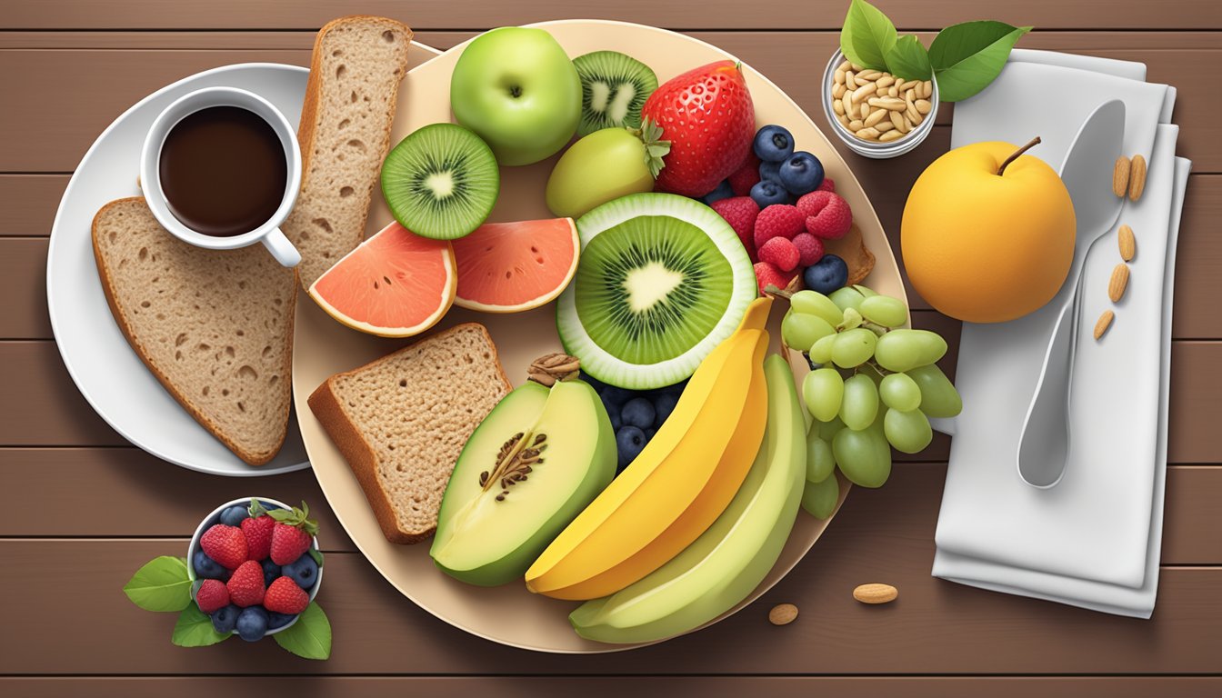 A colorful array of fresh fruits, whole grain bread, and lean protein options displayed on a clean, modern table setting