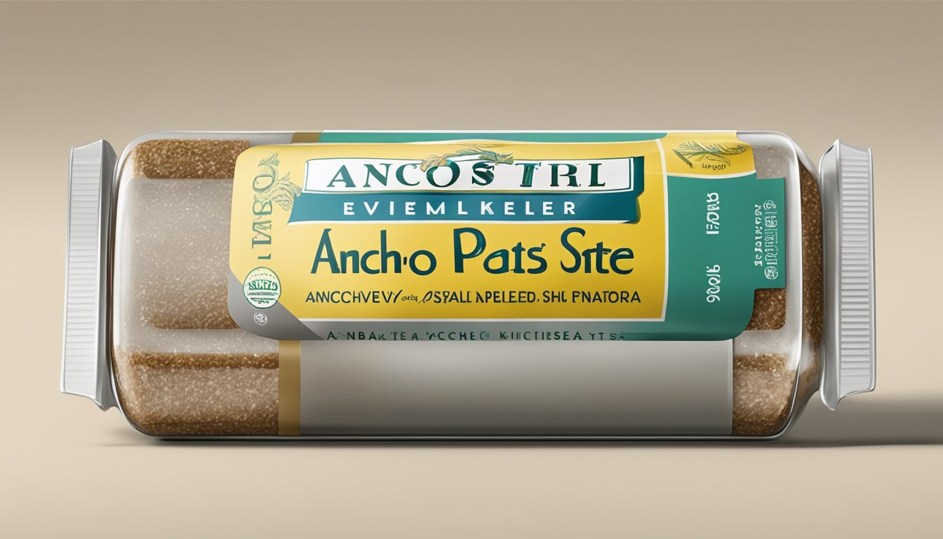 A tube of anchovy paste sits on a clean, well-organized kitchen shelf, with a clear expiration date visible on the label