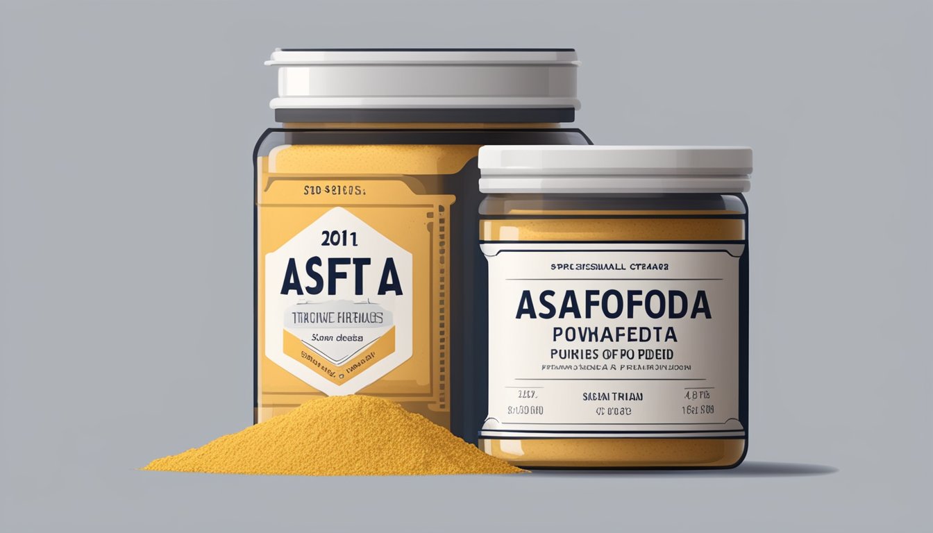 A small, airtight container of asafoetida powder with a label indicating the date of purchase, stored in a cool, dark pantry