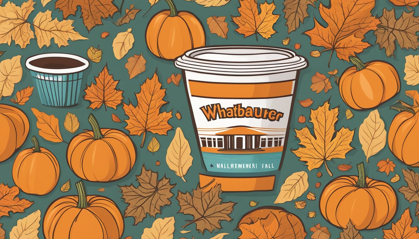 A Whataburger cup with a signature logo surrounded by seasonal items like pumpkins and fall leaves