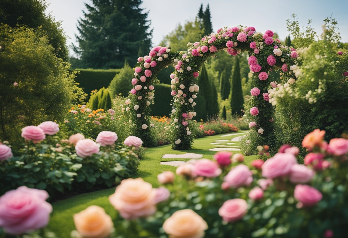 A lush garden with a tall rose climber arching over a flower bed, surrounded by 15 different types of flowers