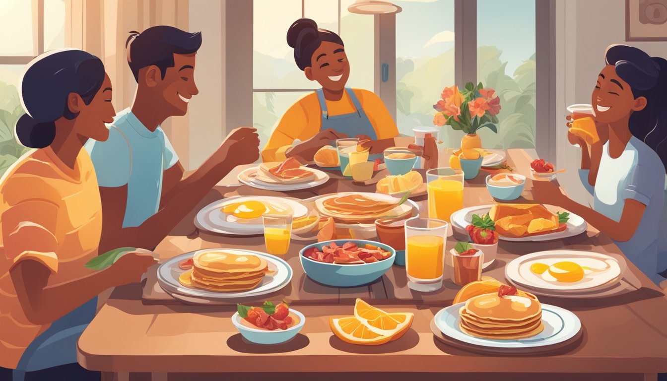 A colorful breakfast spread with pancakes, eggs, bacon, and orange juice on a table with a happy family enjoying the meal