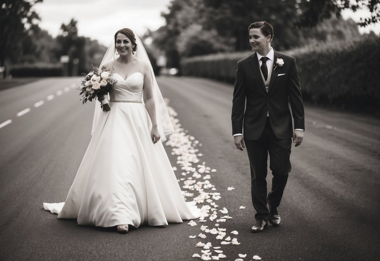 The bride walks on the left, holding a bouquet, while her veil gently flutters in the breeze. A trail of rose petals leads the way