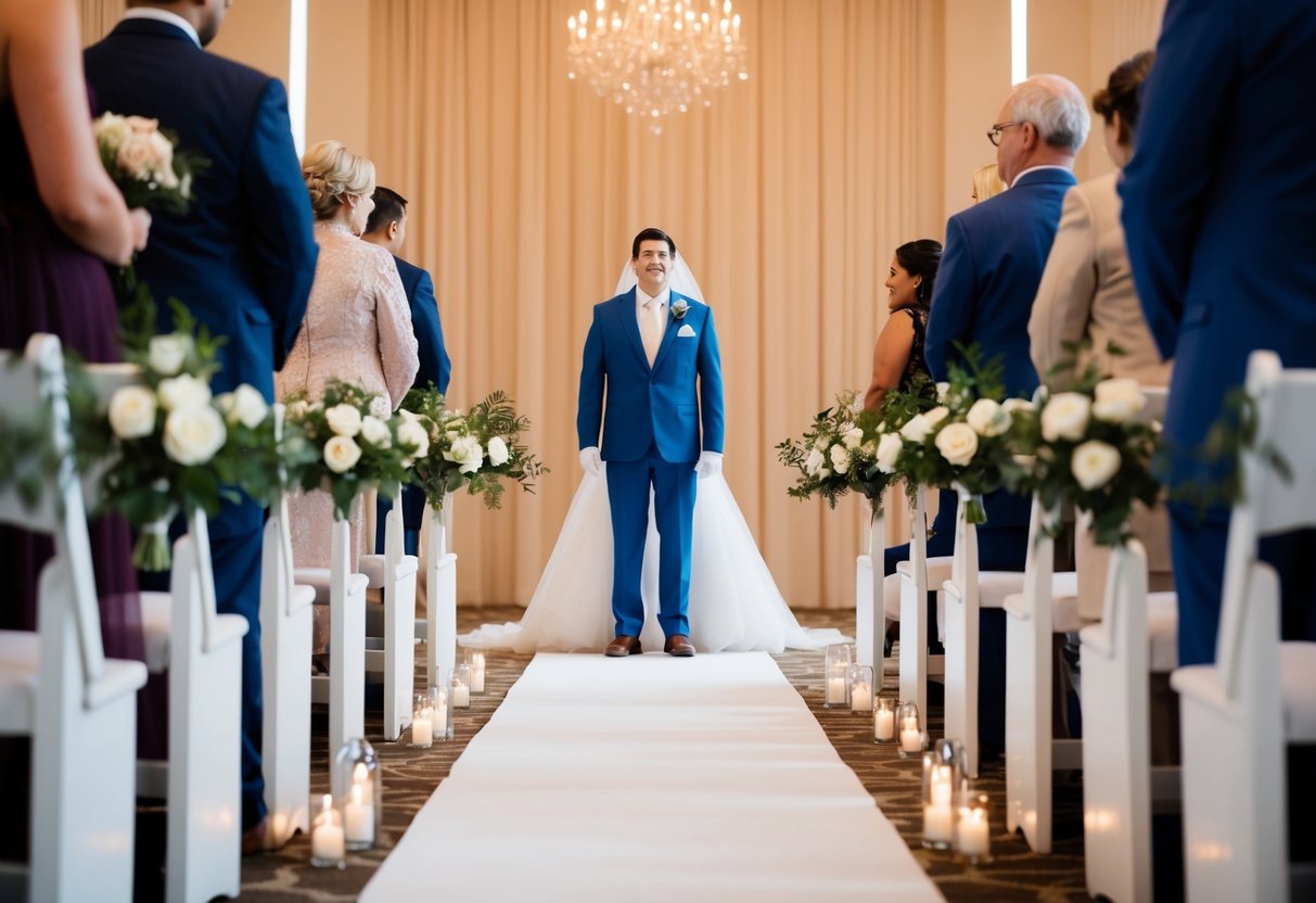 A figure stands at the end of an aisle, waiting for the bride to approach