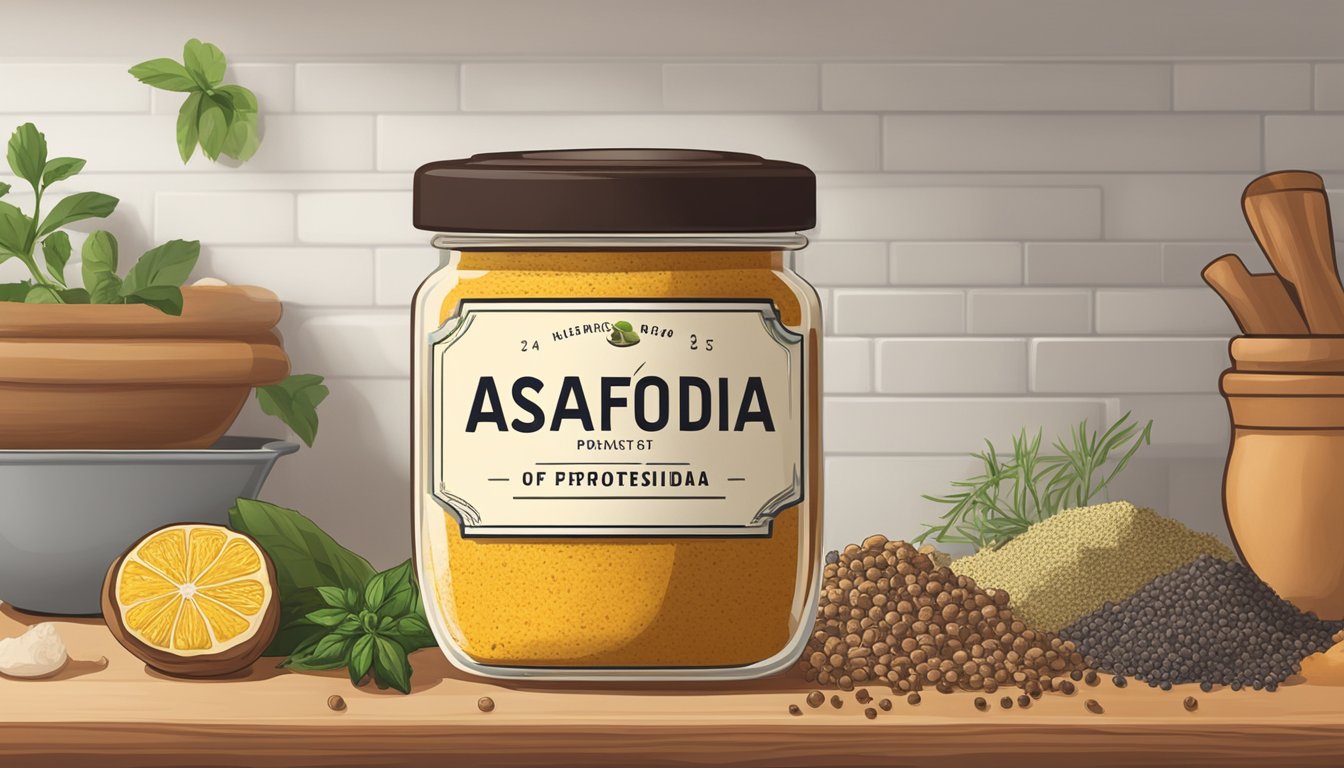 A jar of asafoetida sits on a kitchen shelf, surrounded by various spices and herbs. The label on the jar indicates the expiration date, while the aroma fills the air