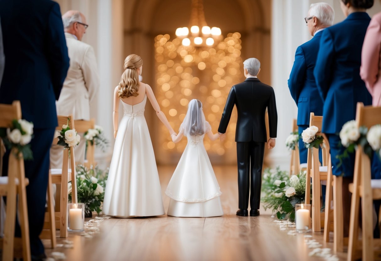 A figure stands at the start of an aisle, while another figure waits at the end, symbolizing the support and guidance of family during significant life events