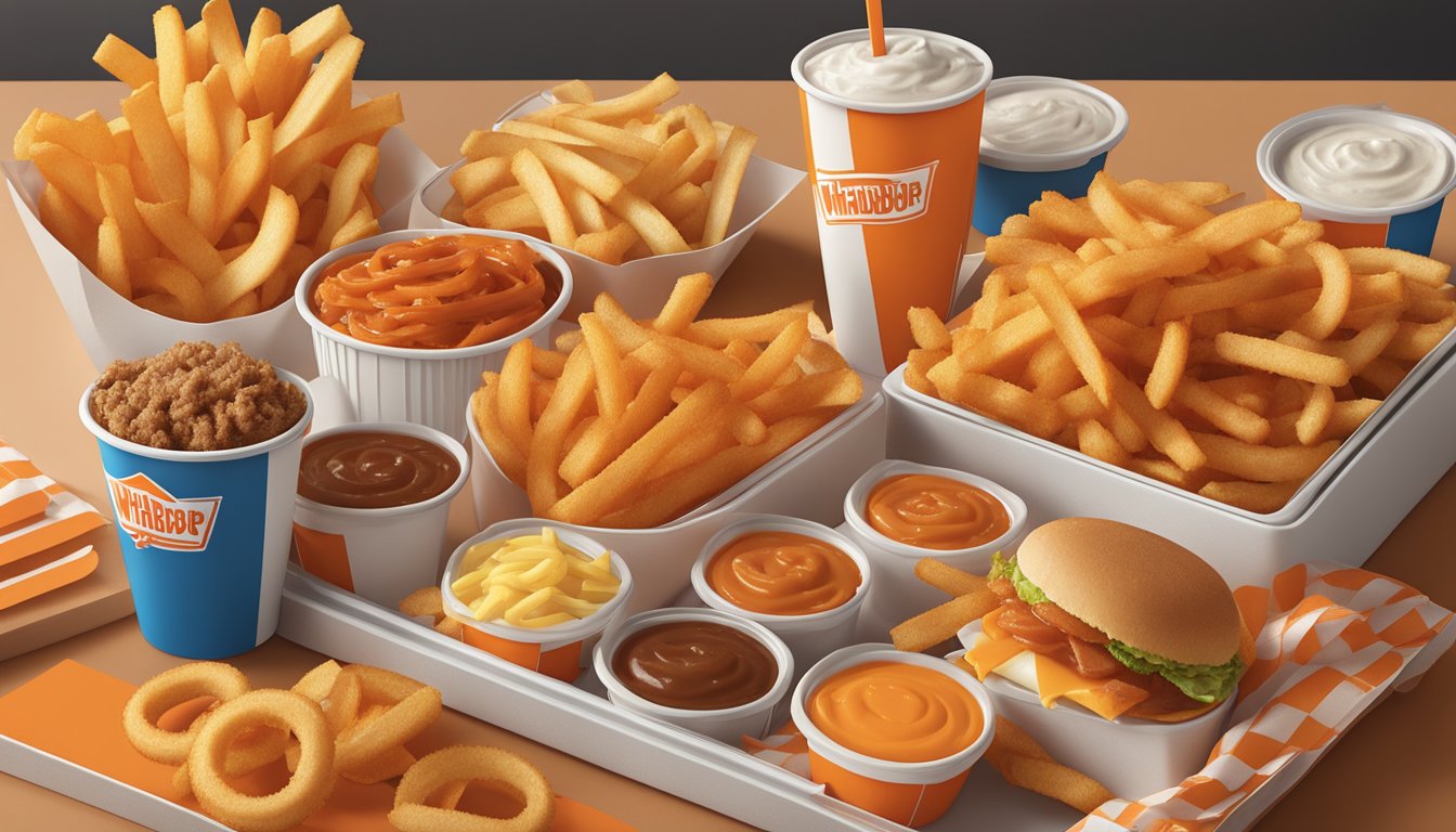 A colorful array of sides and add-ons from Whataburger, including fries, onion rings, and sauces, arranged on a tray