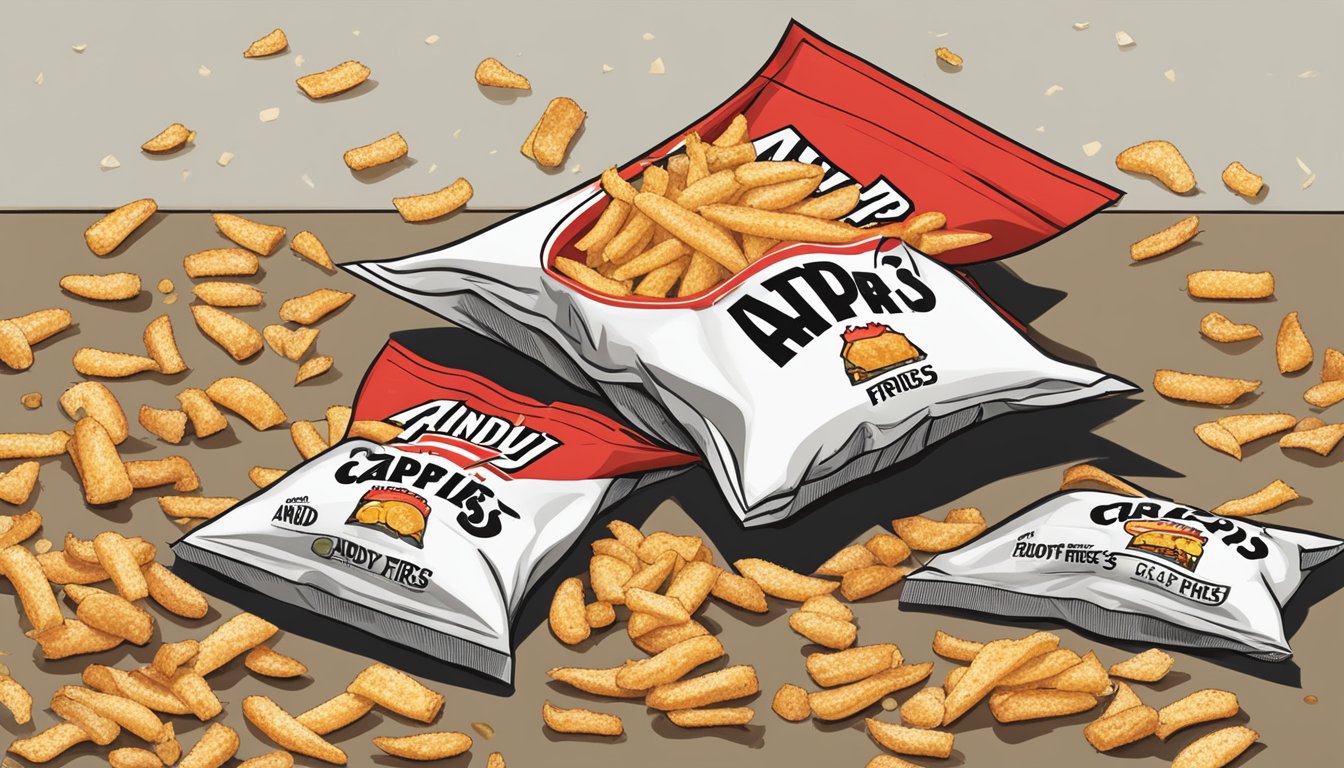 A stack of Andy Capp's hot fries bags, scattered on a table with crumbs and a half-eaten bag