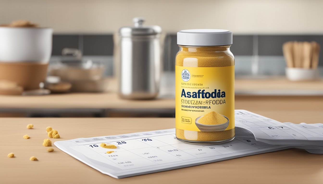 A small container of asafoetida sits on a kitchen counter next to a calendar. The container is open, and the powder inside appears dried out and clumped together