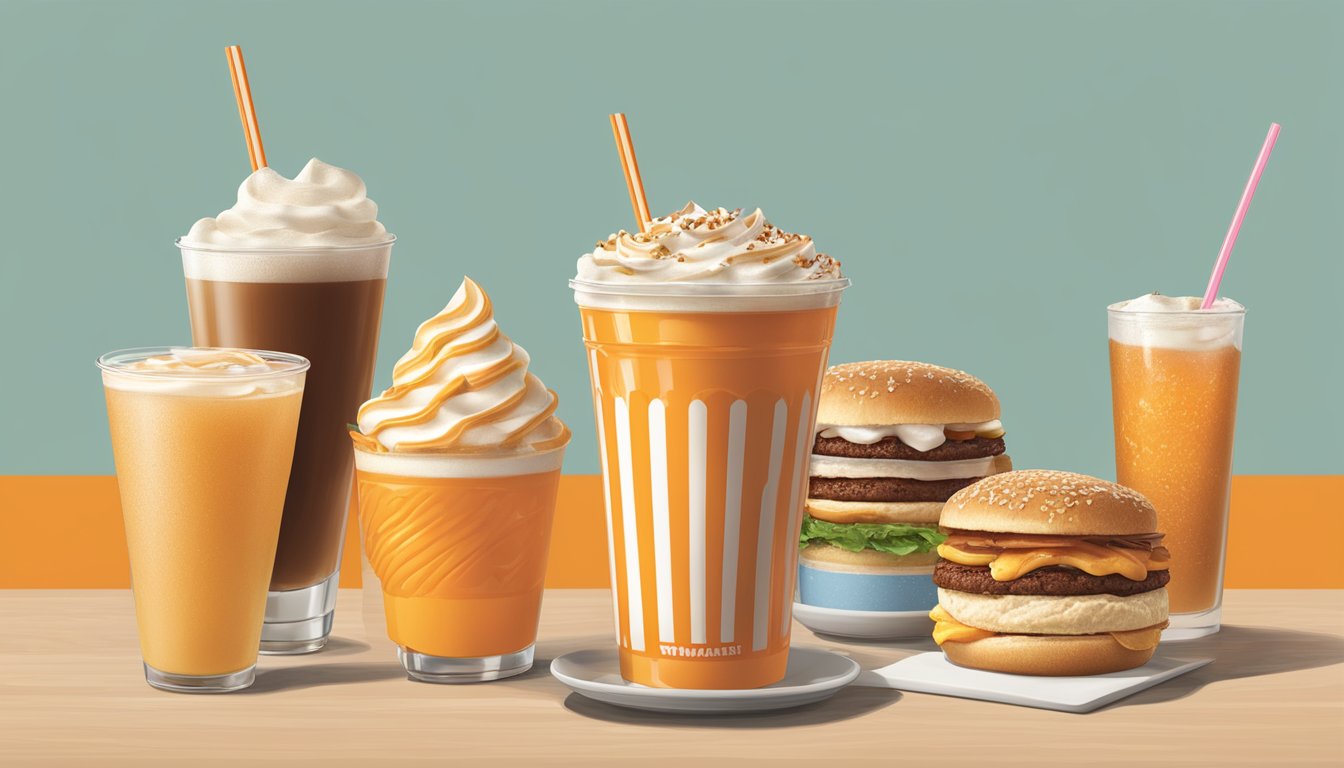 A spread of Whataburger beverages and desserts, with calorie counts displayed