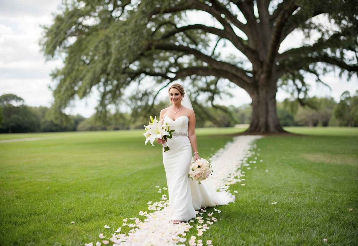 A bride walks on the left, with a bouquet of white lilies, while a path of rose petals leads to a towering oak tree