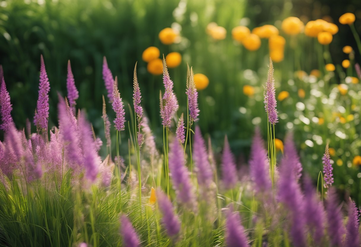 Ornamental grasses sway in the breeze among a variety of colorful flowers in a well-organized and vibrant flower bed