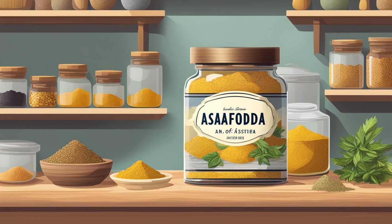 A jar of asafoetida sits on a kitchen shelf, next to various spices and herbs. The jar is partially open, with a faint aroma wafting from it