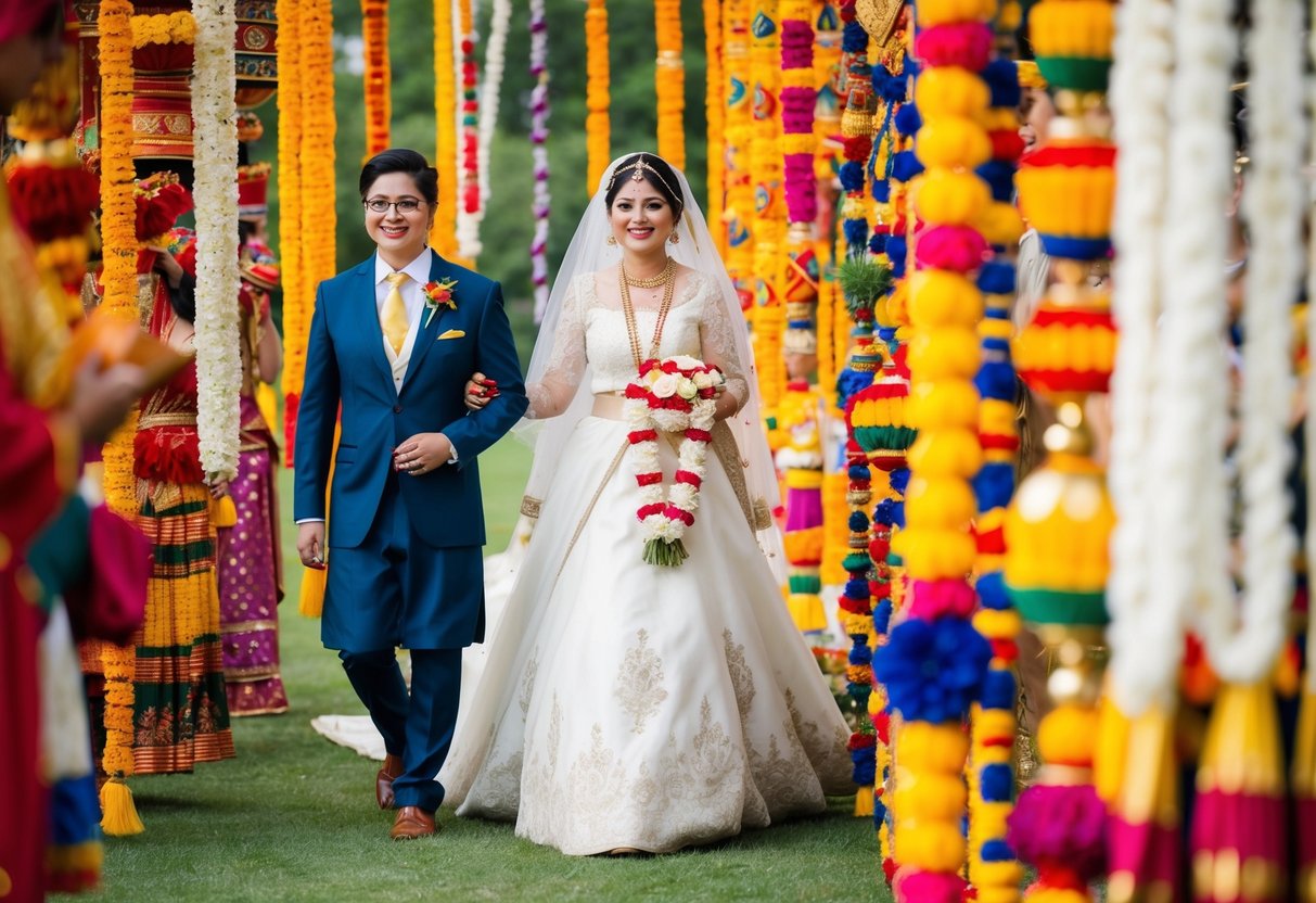 A bride walks on the left, surrounded by colorful traditional decorations and symbols representing cultural variations and practices