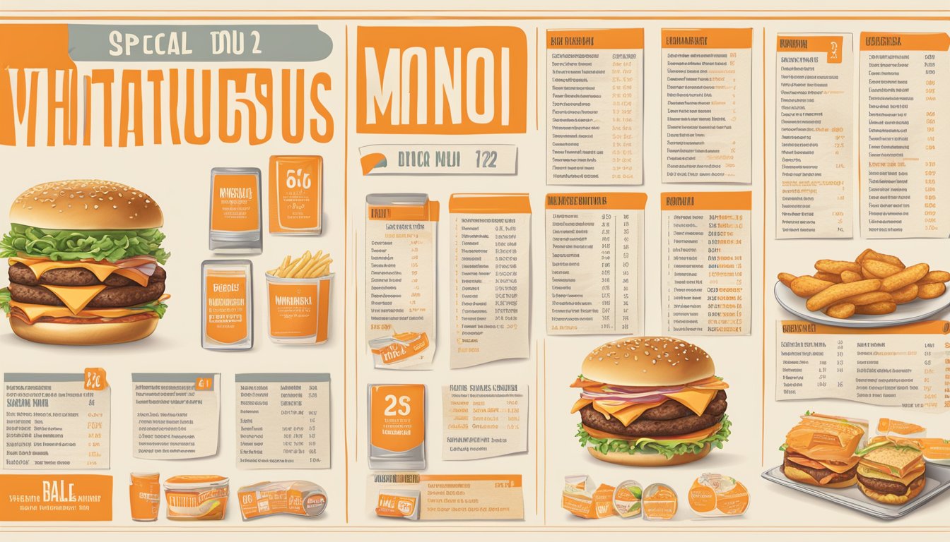 A table with a variety of Whataburger menu items, including calorie counts and special dietary considerations marked next to each item