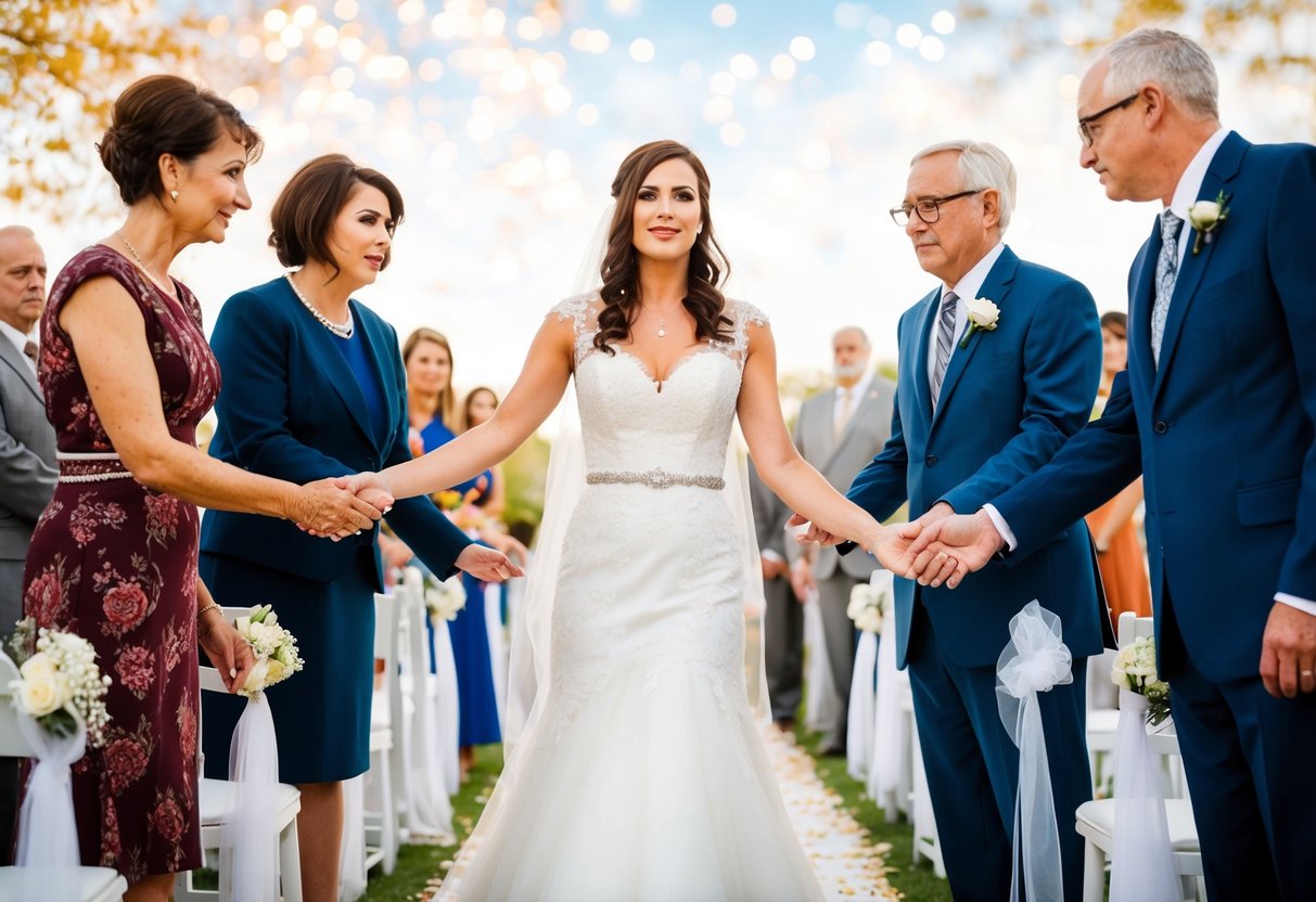 A bride stands at the end of an aisle, flanked by her divorced parents, each reaching out to take her hand