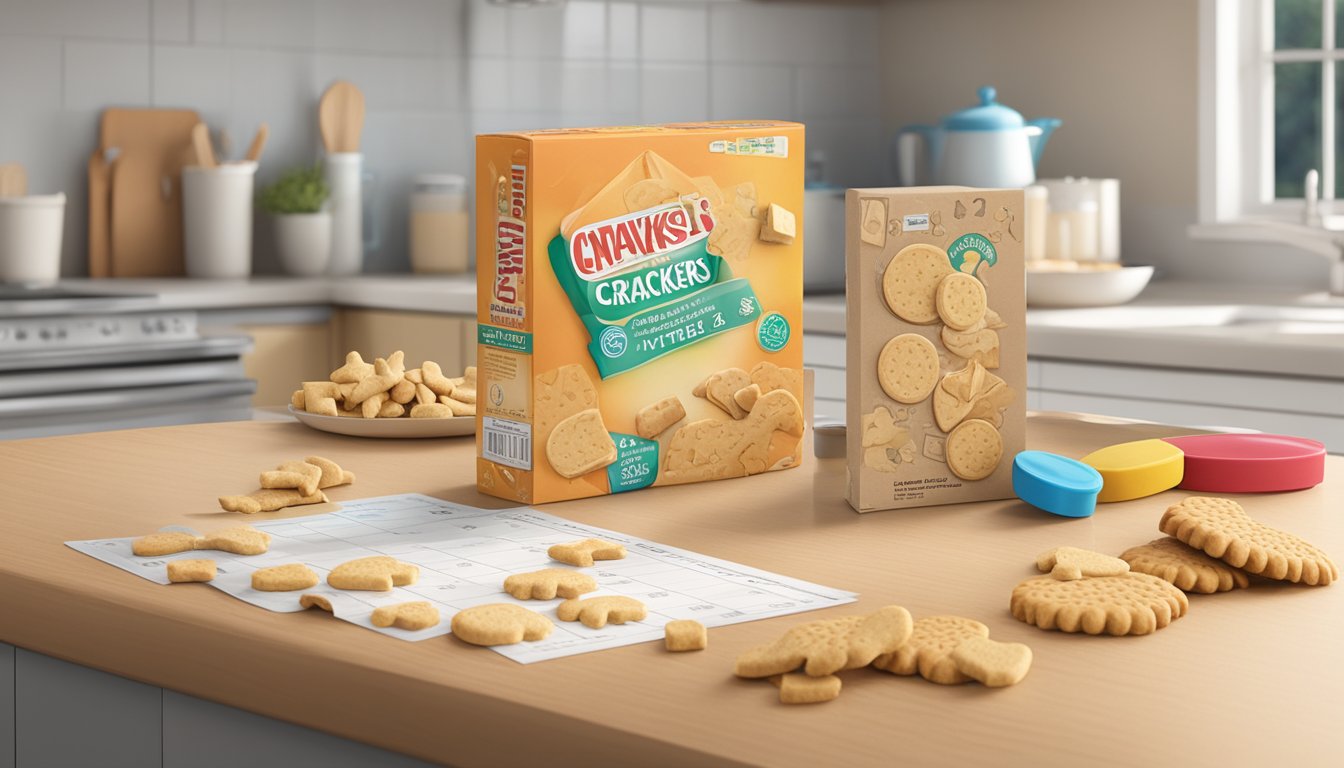 An open package of animal crackers sits on a kitchen counter, surrounded by a calendar and a clock, with a few crackers scattered nearby