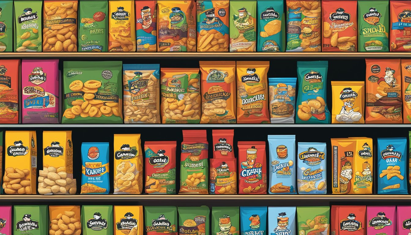 A stack of Andy Capp's snacks on a shelf, with a bold and colorful packaging design