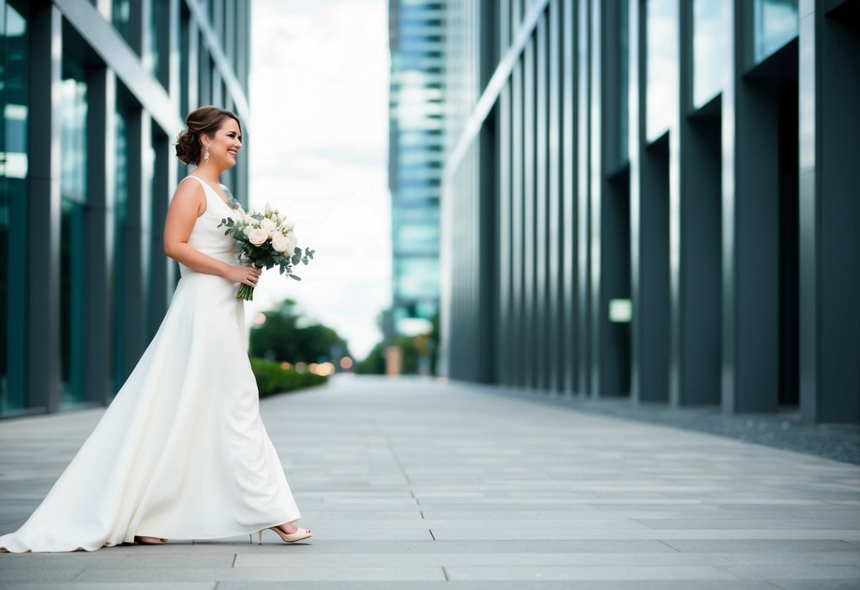 A bride walks on the left, holding a bouquet, with a modern, confident stride. She is flanked by tall, sleek, modern buildings