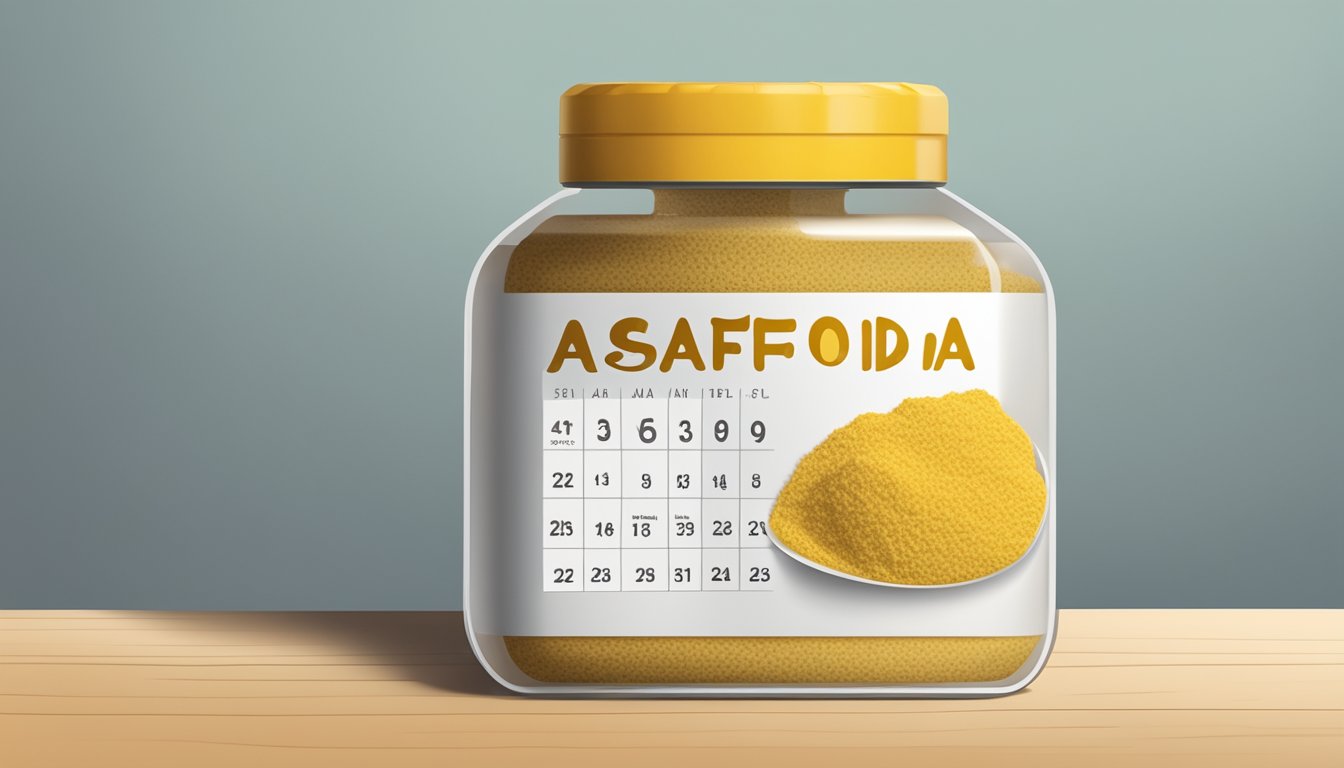 A sealed container of asafoetida sits on a shelf, next to a calendar marking the date of purchase