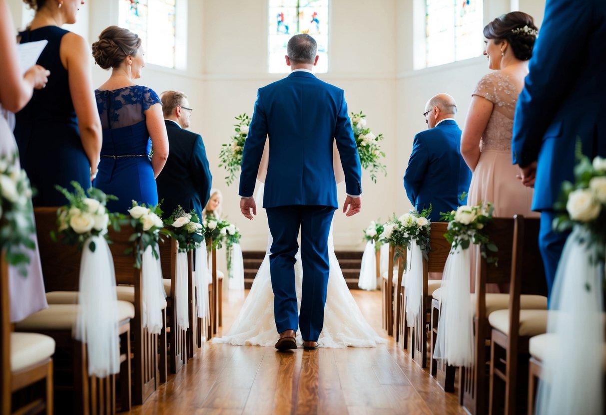 A figure stands at the end of the aisle, waiting to guide the bride forward. The space is filled with anticipation and tension as the decision is made