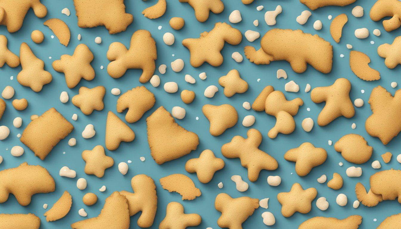 A pile of animal crackers scattered on a countertop, some with visible mold and others crumbling apart