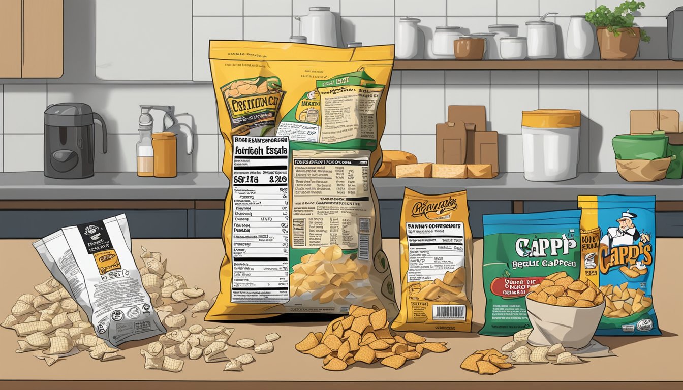 A bag of Andy Capp's snacks sits on a kitchen counter, surrounded by scattered nutritional information labels and a crumpled empty bag