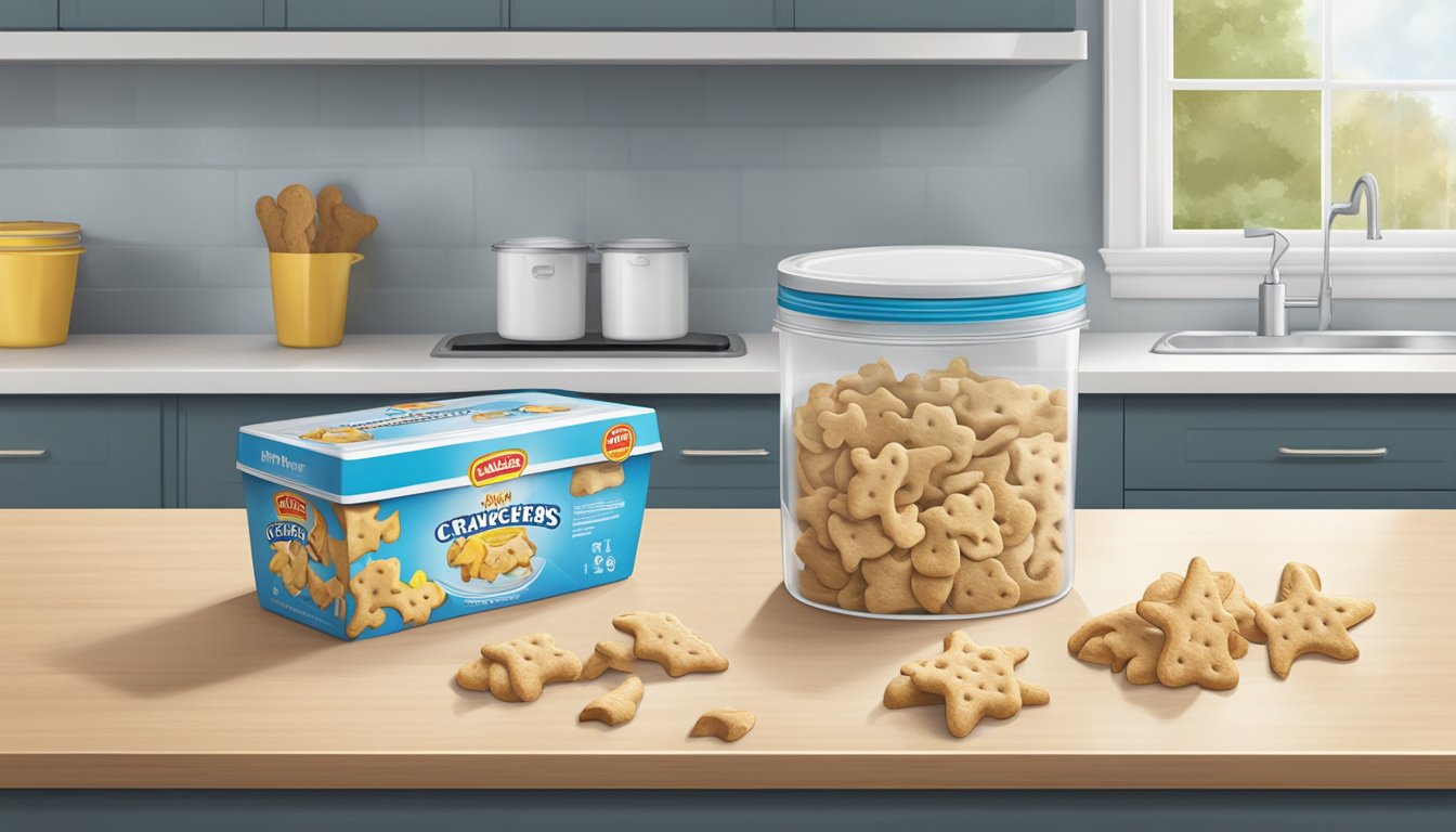 An open box of animal crackers on a kitchen counter, next to a sealed container for proper storage