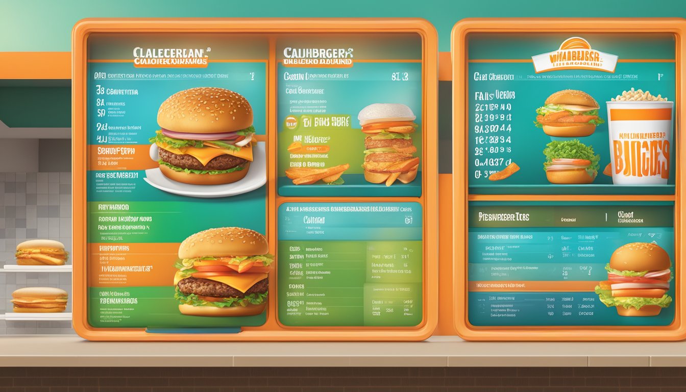 A colorful menu board displays calorie counts for Whataburger's burgers and sandwiches