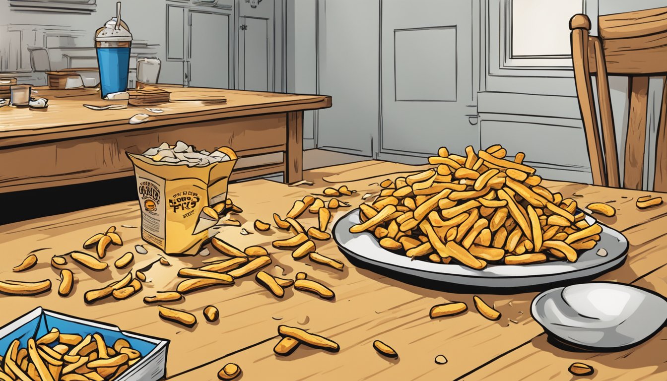 A bag of Andy Capp's hot fries spills onto a table, with a few scattered on the floor