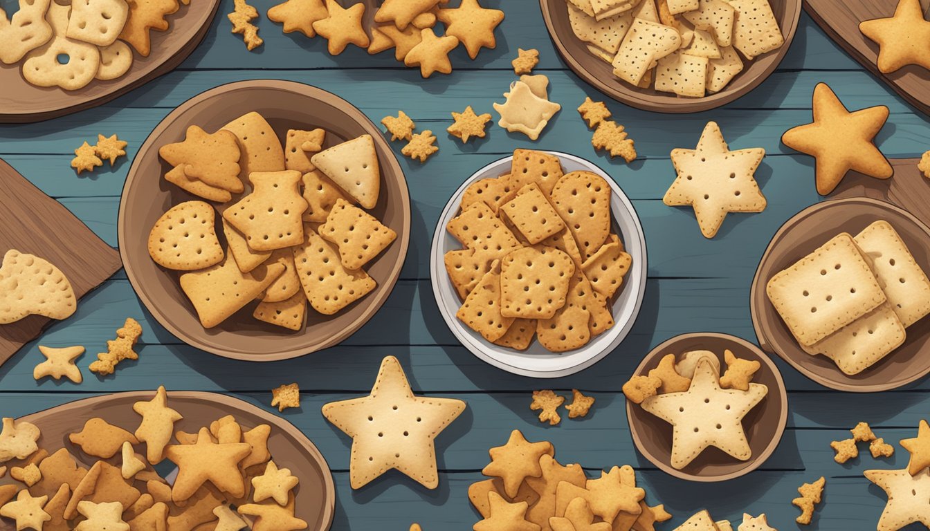 A variety of animal-shaped crackers arranged on a wooden table, some in a bowl and others scattered around. A few have crumbs on them