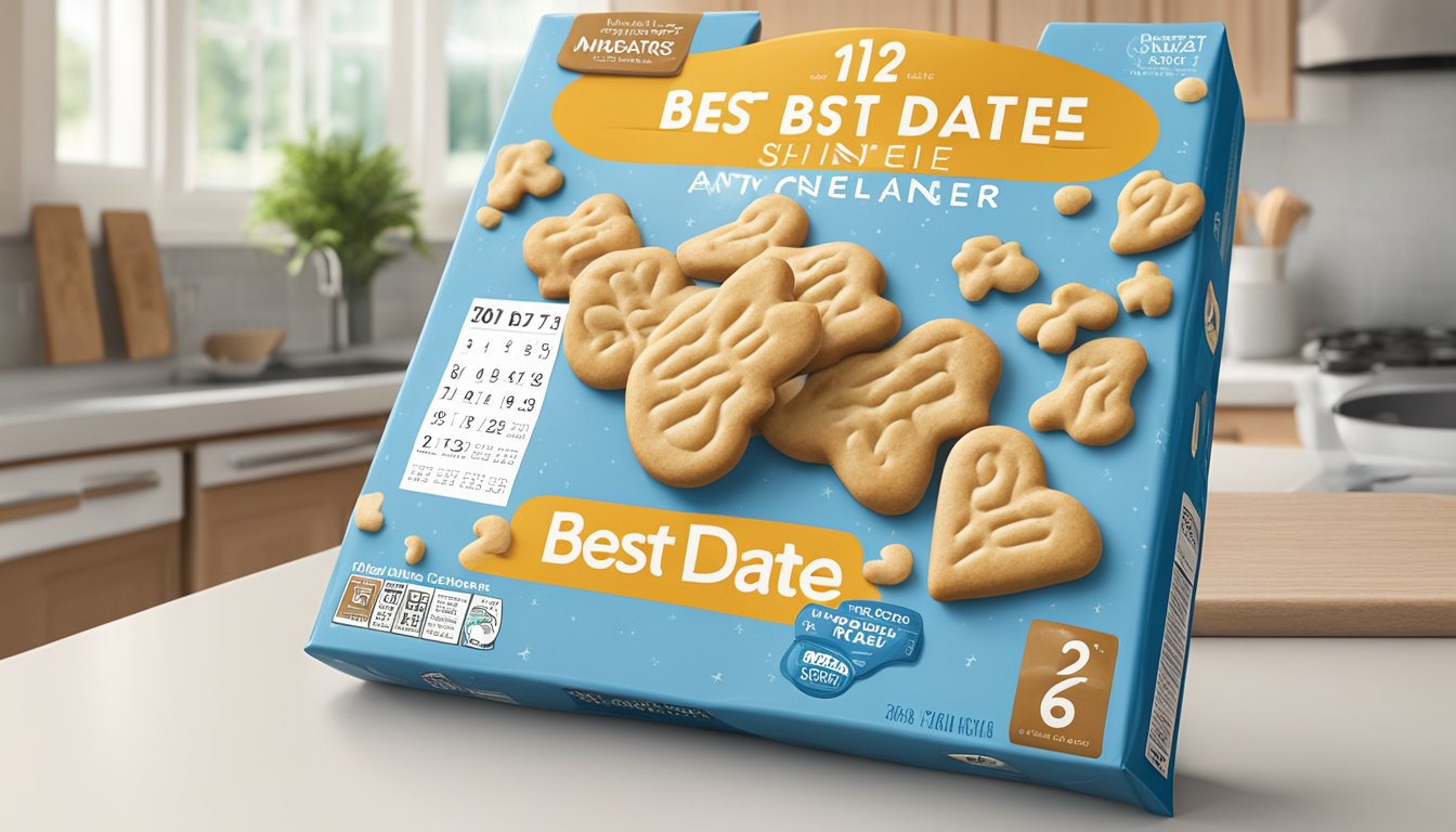 A pack of animal crackers sits unopened on a kitchen counter, alongside a calendar showing the current date. A "best by" date is visible on the packaging