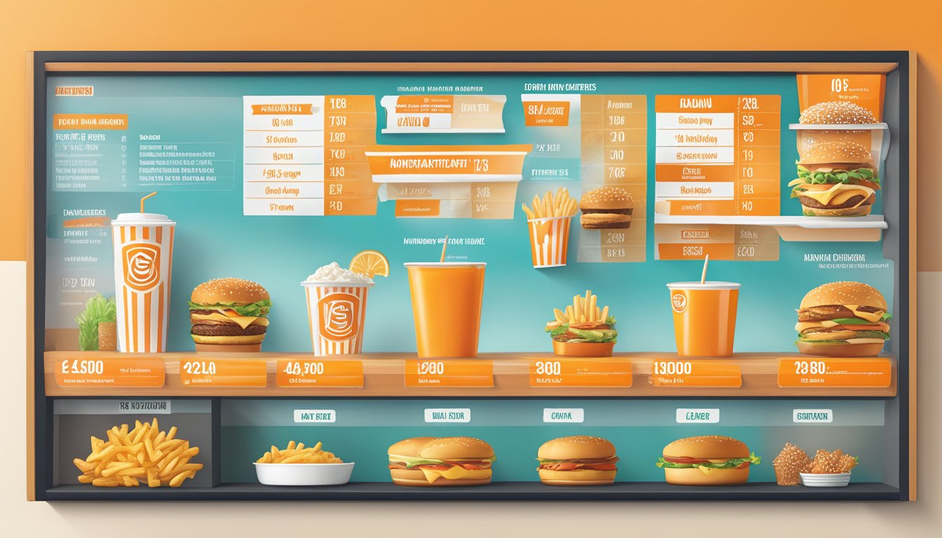 A colorful menu board displaying calorie counts for Whataburger menu items