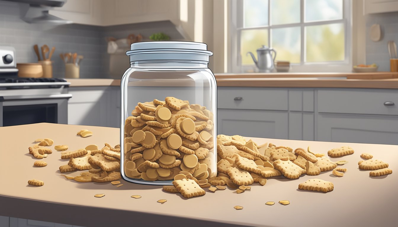 A jar of animal crackers sits on a kitchen counter, surrounded by scattered crumbs. The lid is slightly ajar, and a few crackers have spilled out onto the counter