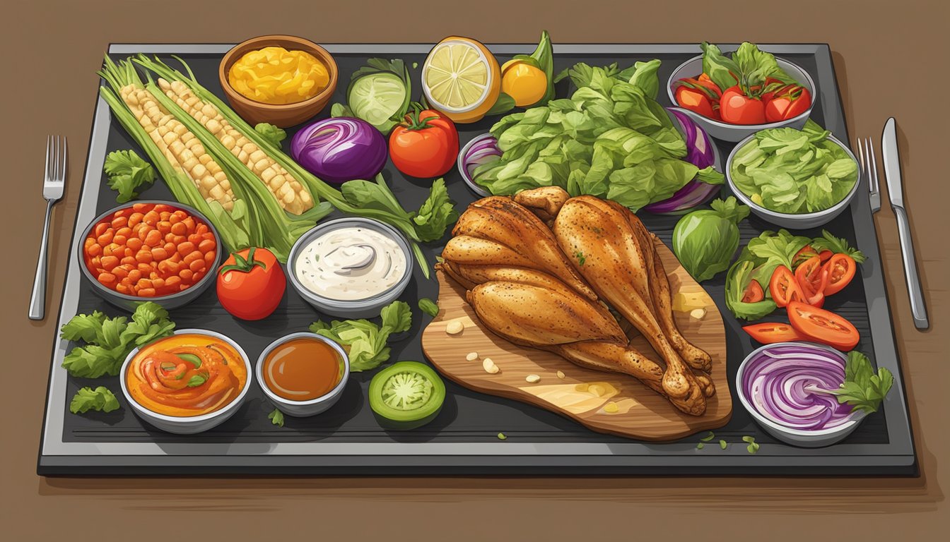 A colorful array of fresh vegetables, grilled chicken, and various dressings arranged on a menu board