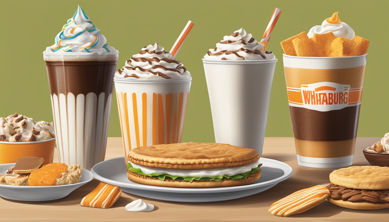 A table with a variety of beverages and desserts from Whataburger, including milkshakes, soft drinks, pies, and cookies