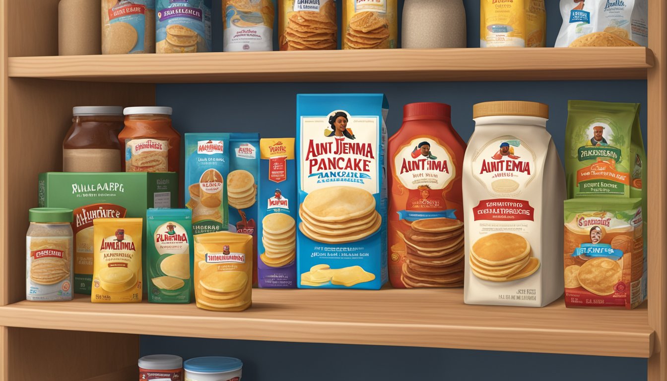 A sealed box of Aunt Jemima Pancake Mix on a pantry shelf, surrounded by other dry goods