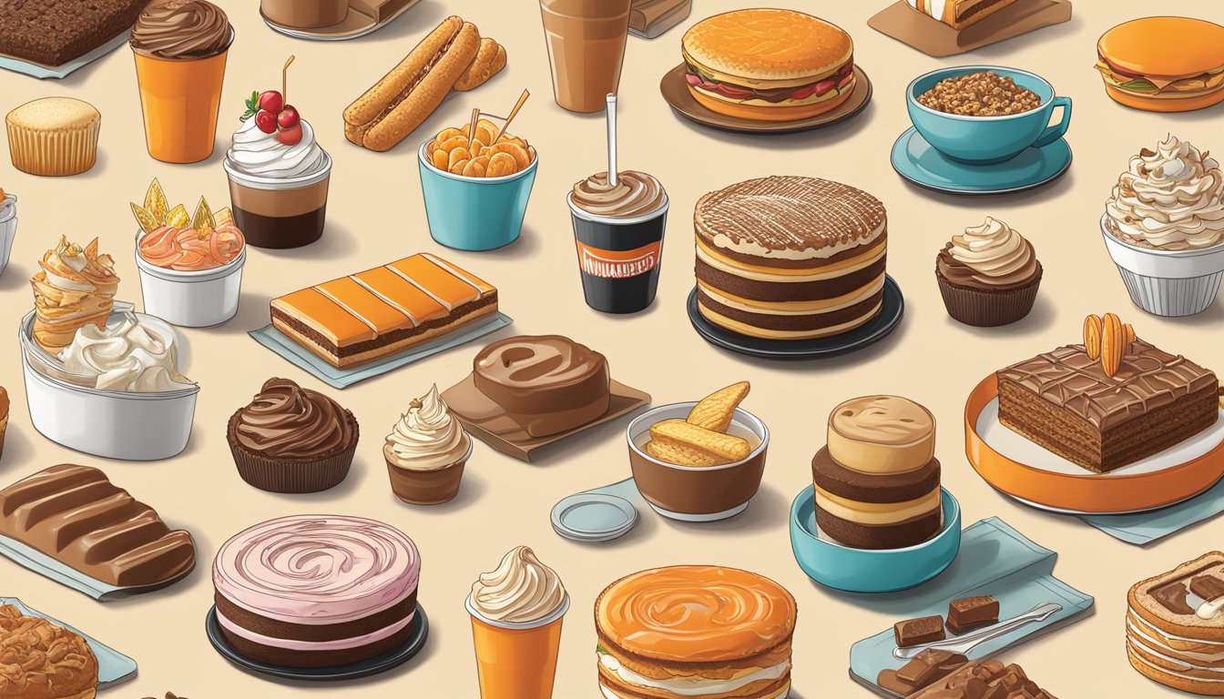 A colorful spread of desserts and snacks from Whataburger's menu, with calorie counts displayed for each item