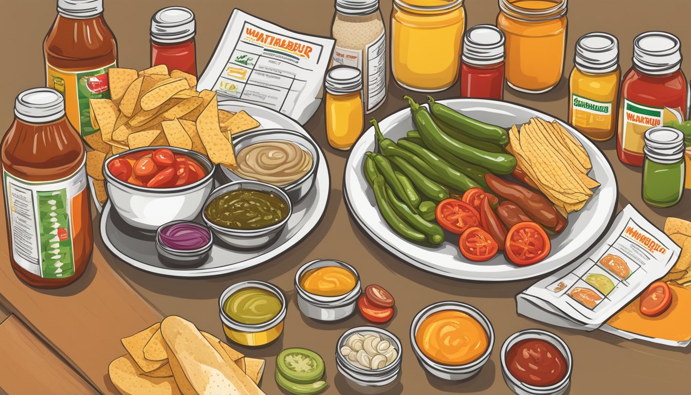 A table with various condiments and extras arranged neatly, including ketchup, mustard, pickles, onions, and jalapenos, next to a Whataburger nutrition chart