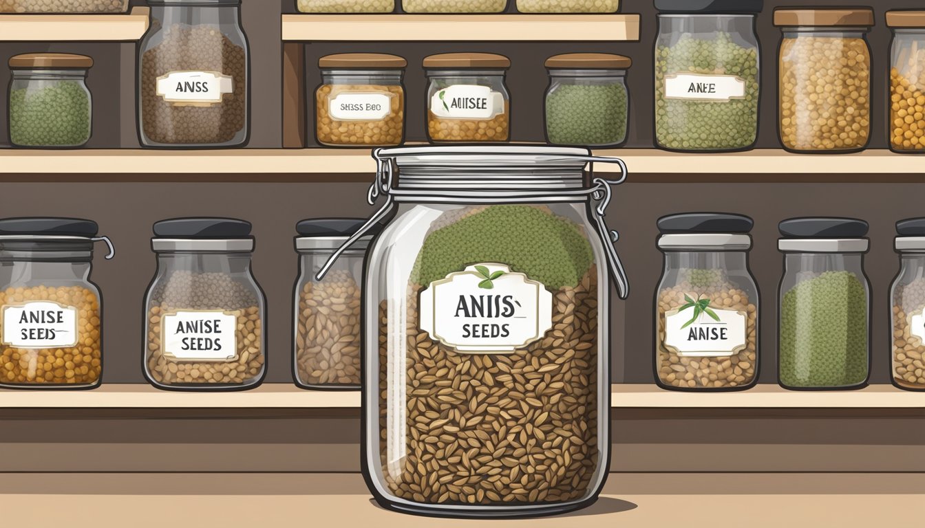 Anise seeds in a sealed glass jar on a pantry shelf, with a best-by date label visible