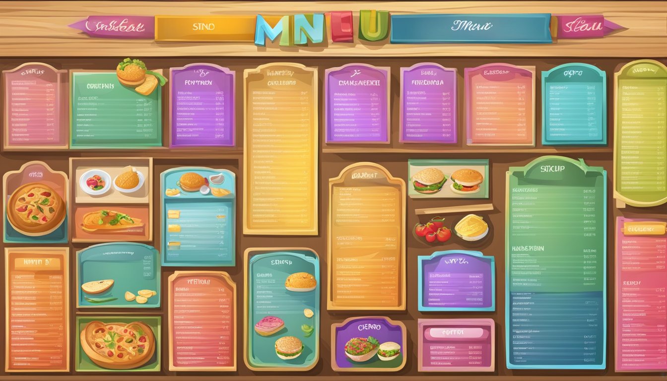 A colorful menu board with various specialty items and customization options listed