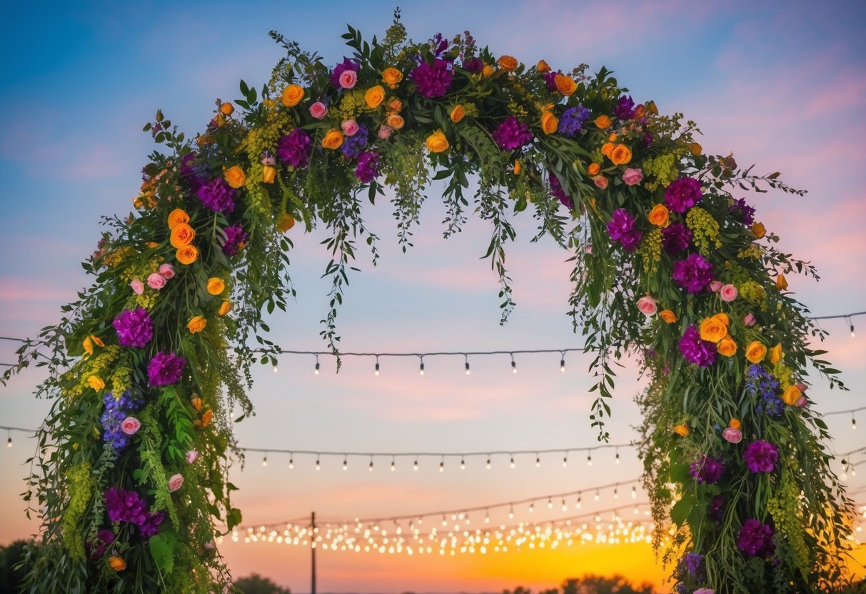 A vibrant floral archway with cascading greenery and colorful blooms, set against a backdrop of sparkling fairy lights and a sunset sky