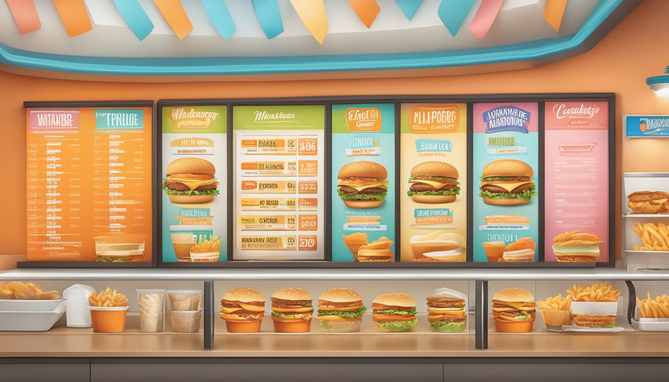 A colorful menu board displays calorie counts for Whataburger items