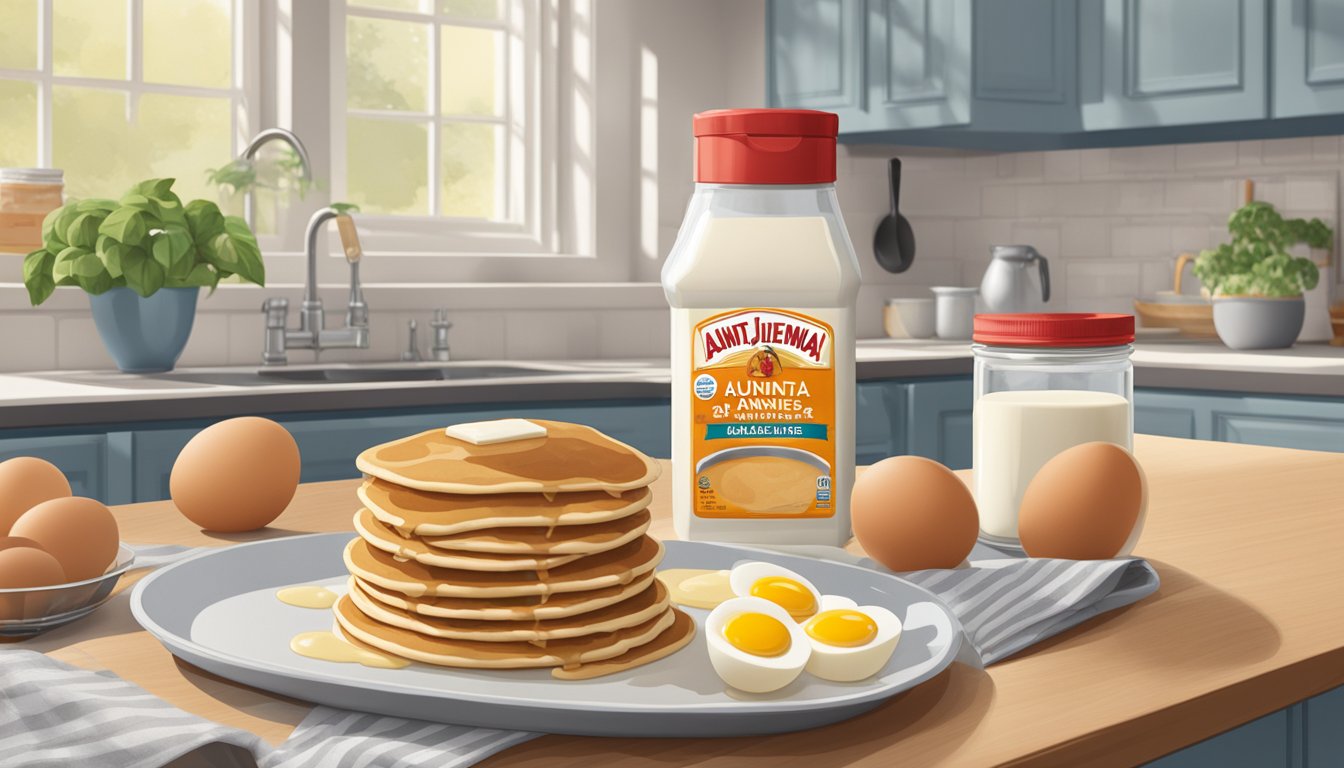 A jar of Aunt Jemima Pancake Mix sits on a kitchen counter, surrounded by fresh ingredients like eggs and milk. A calendar on the wall shows the current date