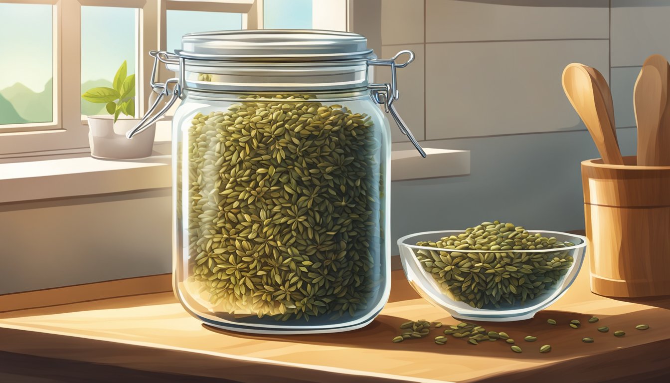 Anise seeds in a glass jar on a kitchen shelf, with sunlight streaming in, showing their freshness and potency