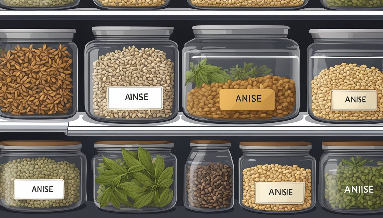 Anise seeds stored in airtight containers, labeled with date. Stored in a cool, dark pantry