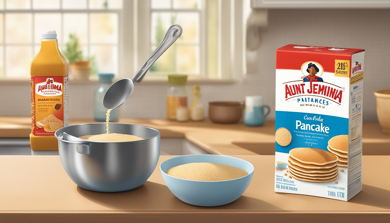 An open box of Aunt Jemima Pancake Mix with a few spilled grains on a kitchen counter, next to a measuring cup and a mixing bowl