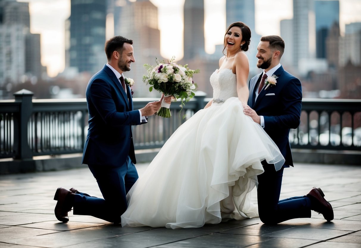 The groom kneels and lifts the bride's dress, revealing a hidden bouquet
