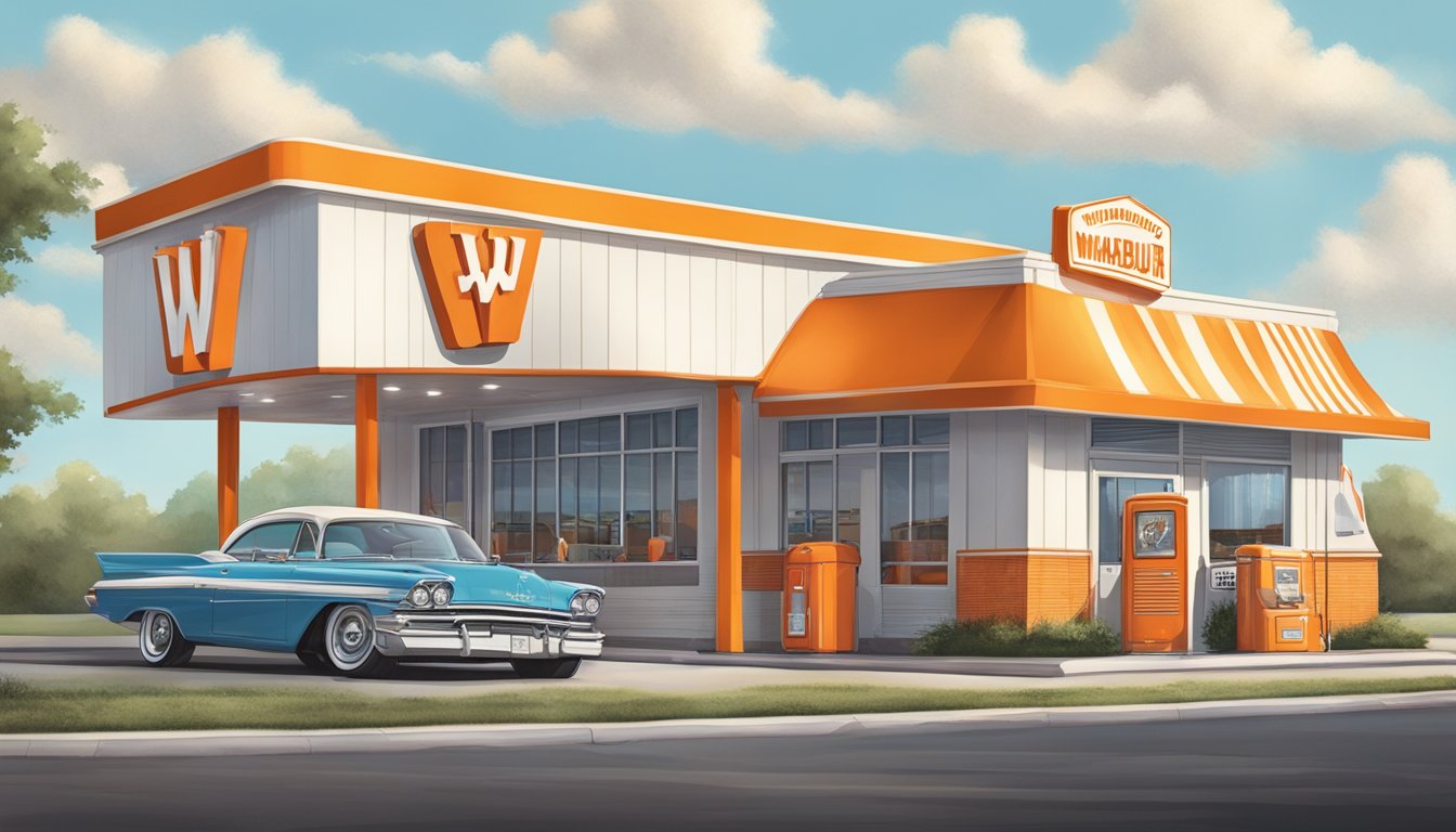 A vintage Whataburger restaurant with a bustling drive-thru, iconic orange and white striped building, and a giant "W" sign